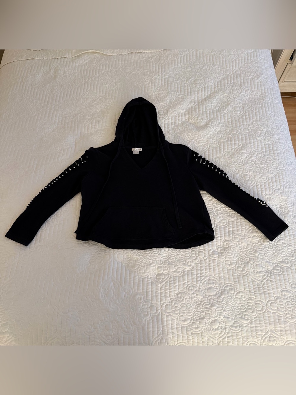 Venus Black Pearl Embellished Sleeve Hoodie Sweatshirt Size Small